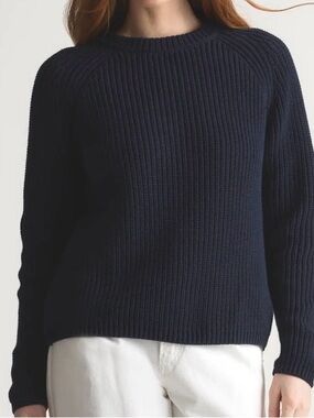 Quince Organic Cotton Fisherman Sweater Navy Rib Knit Crewneck L Cropped